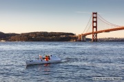 Kayaker Cyril Derreumaux training in the San Francisco Bay on February 25, 2021, with the Golden gate Bridge in the background.France-born American entrepreneur Cyril Derreumaux (44) will leave at the end of May 2021 for a 70-day solo and unsupported sea kayak Pacific crossing from California to Hawaii.