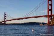 Kayaker Cyril Derreumaux during training in the San Francisco Bay on February 25, 2021, with the Golden gate Bridge in the background.France-born American entrepreneur Cyril Derreumaux (44) will leave at the end of May 2021 for a 70-day solo and unsupported sea kayak Pacific crossing from California to Hawaii.