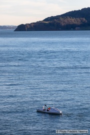 Kayaker Cyril Derreumaux training in the San Francisco Bay on February 25, 2021, with Angel’s Island in the background.France-born American entrepreneur Cyril Derreumaux (44) will leave at the end of May 2021 for a 70-day solo and unsupported sea kayak Pacific crossing from California to Hawaii.