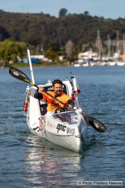 Kayaker Cyril Derreumaux  training off the coast of Sausalito, CA,  on February 25, 2021.France-born American entrepreneur Cyril Derreumaux (44) will leave at the end of May 2021 for a 70-day solo and unsupported sea kayak Pacific crossing from California to Hawaii.