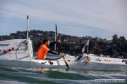 Kayaker Cyril Derreumaux  training off the coast of Sausalito, CA,  on February 25, 2021.France-born American entrepreneur Cyril Derreumaux (44) will leave at the end of May 2021 for a 70-day solo and unsupported sea kayak Pacific crossing from California to Hawaii.