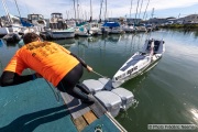 Kayaker Cyril Derreumaux  hauling his kayak after a training session off the coast of Sausalito, CA,  on February 25, 2021.France-born American entrepreneur Cyril Derreumaux (44) will leave at the end of May 2021 for a 70-day solo and unsupported sea kayak Pacific crossing from California to Hawaii.