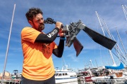 Kayaker Cyril Derreumaux showing the special flippers in Sausalito, CA, on 25, 2021, that will propel his kayak in situations when not being able to paddle such as having a meal.France-born American entrepreneur Cyril Derreumaux (44) will leave at the end of May 2021 for a 70-day solo and unsupported sea kayak Pacific crossing from California to Hawaii.