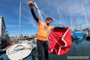 Kayaker Cyril Derreumaux showing the parachute sea anchor in Sausalito, CA, on 25, 2021, that will be used to anchor his kayak in the middle of the ocean when stationary. France-born American entrepreneur Cyril Derreumaux (44) will leave at the end of May 2021 for a 70-day solo and unsupported sea kayak Pacific crossing from California to Hawaii.