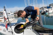 Kayaker Cyril Derreumaux stowing away his paddles inside his kayak in Sausalito, CA,  on February 25, 2021.France-born American entrepreneur Cyril Derreumaux (44) will leave at the end of May 2021 for a 70-day solo and unsupported sea kayak Pacific crossing from California to Hawaii.