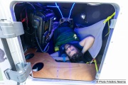 Kayaker Cyril Derreumaux showing how he will sleep inside the cabin of his kayak in Sausalito, CA,  on February 25, 2021.France-born American entrepreneur Cyril Derreumaux (44) will leave at the end of May 2021 for a 70-day solo and unsupported sea kayak Pacific crossing from California to Hawaii.