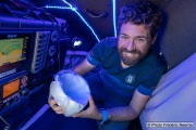 Kayaker Cyril Derreumaux in Sausalito, CA,  on February 25, 2021, showing the cup with a biodegradable liner that he will use as a portable toilet during his trip. France-born American entrepreneur Cyril Derreumaux (44) will leave at the end of May 2021 for a 70-day solo and unsupported sea kayak Pacific crossing from California to Hawaii.