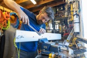 Kayaker Cyril Derreumaux fixing a keel in his workshop in  Sausalito, CA, on February 25 2021.France-born American entrepreneur Cyril Derreumaux (44) will leave at the end of May 2021 for a 70-day solo and unsupported sea kayak Pacific crossing from California to Hawaii.