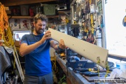 Kayaker Cyril Derreumaux fixing a keel in his workshop in  Sausalito, CA, on February 25 2021.France-born American entrepreneur Cyril Derreumaux (44) will leave at the end of May 2021 for a 70-day solo and unsupported sea kayak Pacific crossing from California to Hawaii.